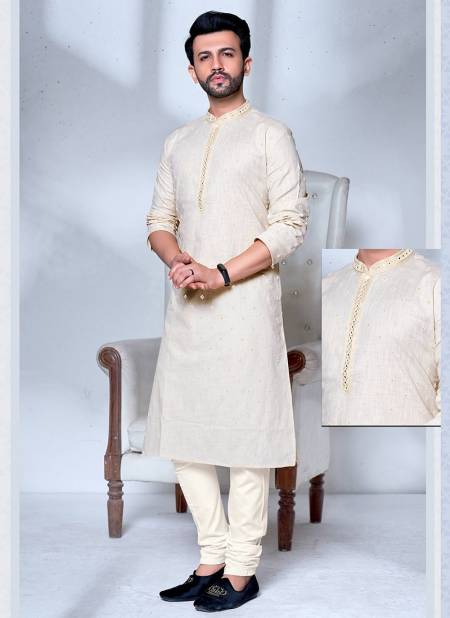 Off White Colour Vog New Exclusive Fancy Festive Wear Cotton Embroidery Kurta Pajama Mens Collection VOG-KP-7